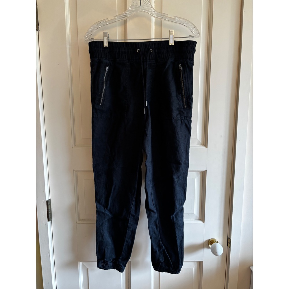 Athleta Cabo Linen Jogger Black Smocked Waist Zipper Pocket Pants Womens 6